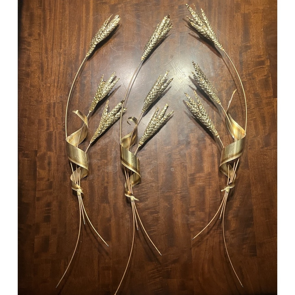 Vintage MCM Brass Wheat Wall Art - Set of 3 - Brutalist Metal Sculpture 31" Tall